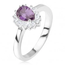 Silver ring - purple teardrop stone, zircon edge