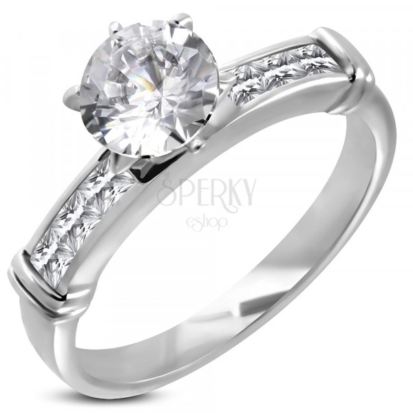 Engagement ring with big embedded zircon, zircon line in angular front part