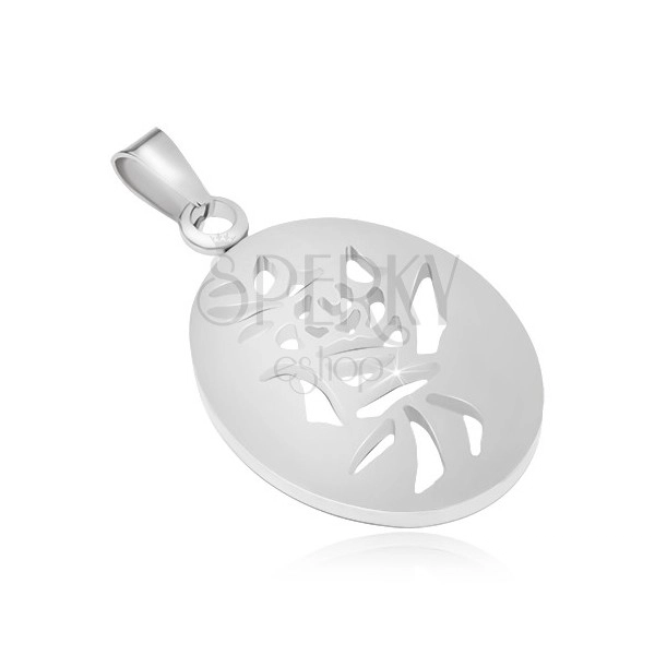 Steel pendant is silver colour, oval with Chinese symbol