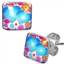 Square earrings made of steel, colourful flowers and hearts