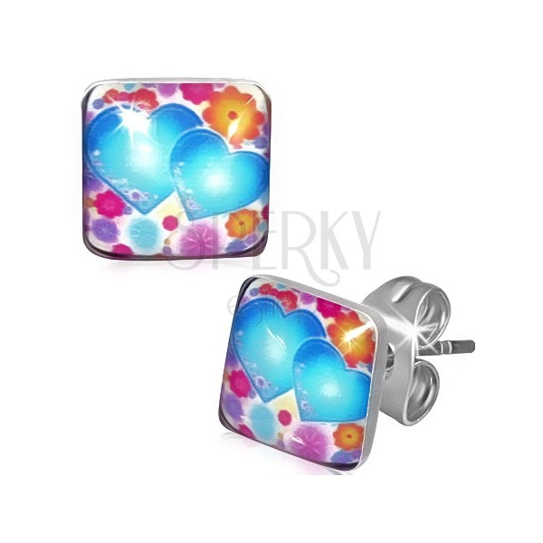 Square earrings made of steel, colourful flowers and hearts
