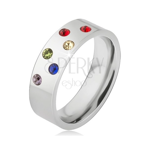 Glossy band ring made of steel, diagonal lines of colourful stones