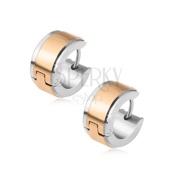 Steel earrings, silver hoops with stripe in gold colour