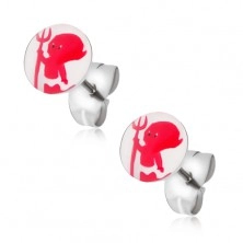 Stud earrings made of steel, red devil with pitchfork