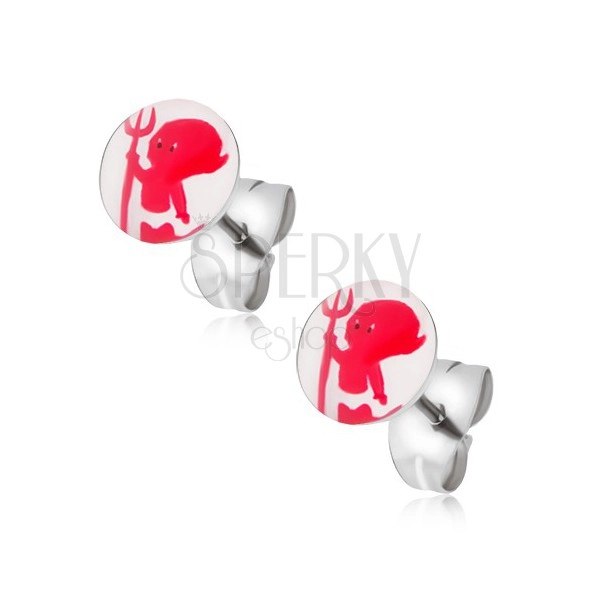 Stud earrings made of steel, red devil with pitchfork