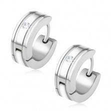 Huggie steel earrings, two wide grooves and clear zircon