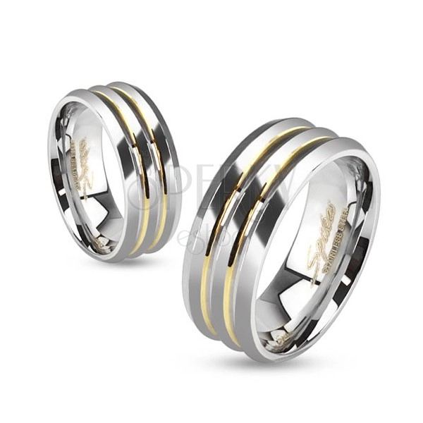 Steel band ring, three silver stripes, gold grooves