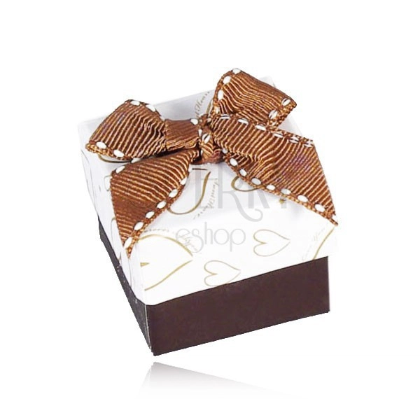 Brown and white jewellery gift box, heart contours, quilted bow