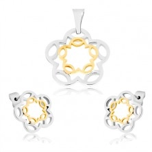Steel set - pendant and earrings in silver and gold colour, flower contours