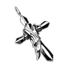 Surgical steel pendant - cross with angel's wing
