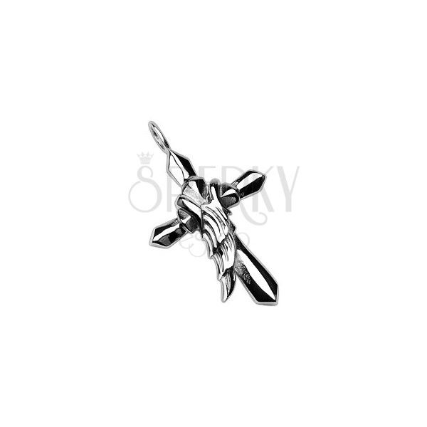 Surgical steel pendant - cross with angel's wing