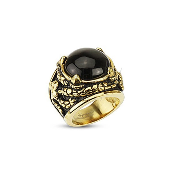 Massive golden ring made of stainless steel, onyx in dragon claws
