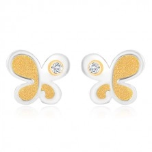 Earrings made of gold 14K - two-tone butterfly with round clear zircon