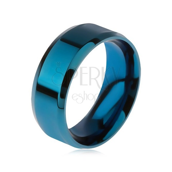 Shiny steel ring in blue colour, bevelled edges