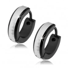 Round steel earrings of black colour, silver satin stripe