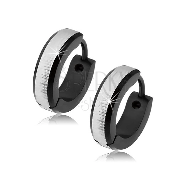 Round steel earrings of black colour, silver satin stripe