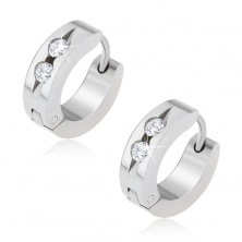 Steel huggie earrings, groove with two clear stones