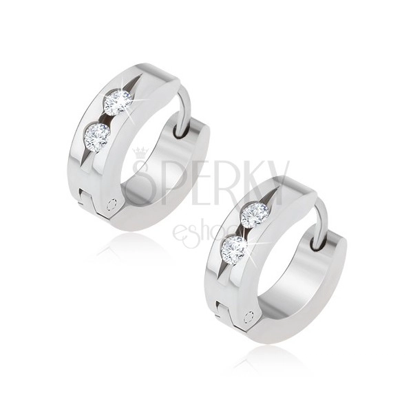 Steel huggie earrings, groove with two clear stones
