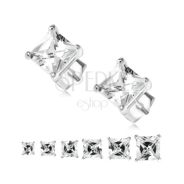 Stud earrings, 925 silver, clear square shaped zircon