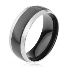 Ring made of 316L steel, grooved strips on edges, shiny black belt