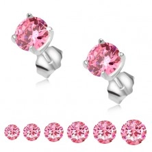 Stud earrings made of 925 silver, round pink rhinestone