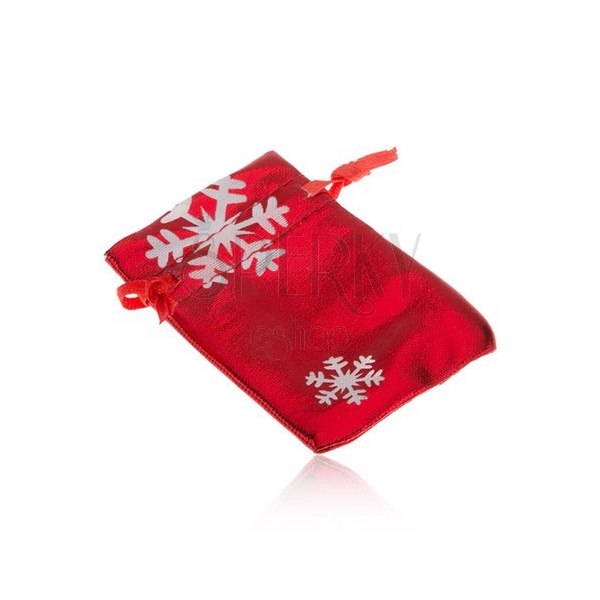 Small gift bag of red colour, white snowflakes