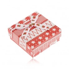 Red and white box for earrings, stars, trees, balls, bowknot
