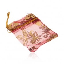 Red gift pouch made of organza, Christmas motif in golden hue