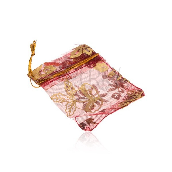 Red gift pouch made of organza, Christmas motif in golden hue