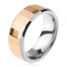 Tungsten ring - two-tone, geometrically polished stripe in gold colour