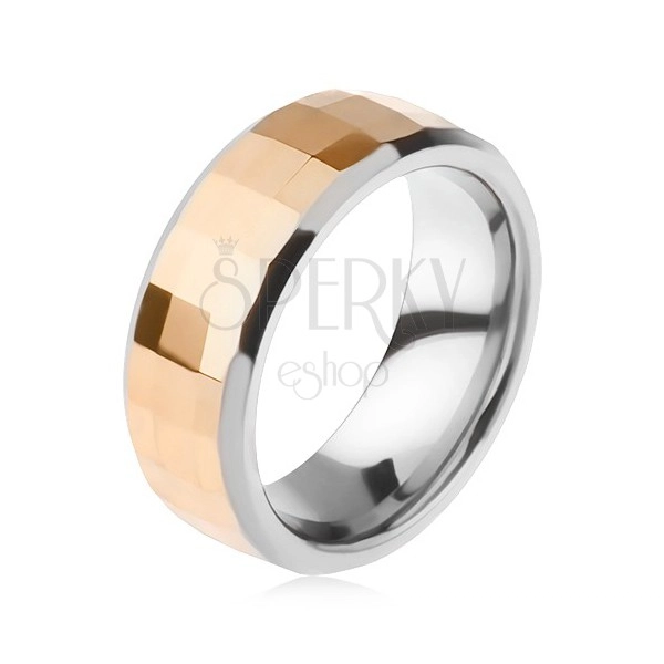 Tungsten ring - two-tone, geometrically polished stripe in gold colour