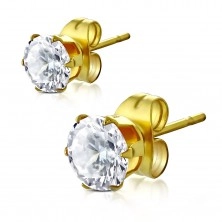 Stud steel earrings in gold color, clear round zircon, 4 mm