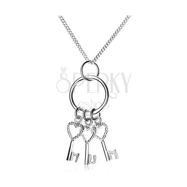 Silver 925 necklace - chain and three keys on hoop, MUM