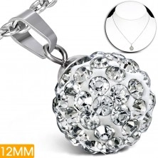 Steel necklace - white Shamballa ball with clear zircons