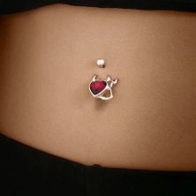 Steel belly button ring, zircon heart with tail and horns