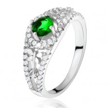 Clear zircon ring with green rhinestone, dragonflies, 925 silver