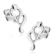 Earrings made of 316L steel, two spirals, small heart and clear zircon