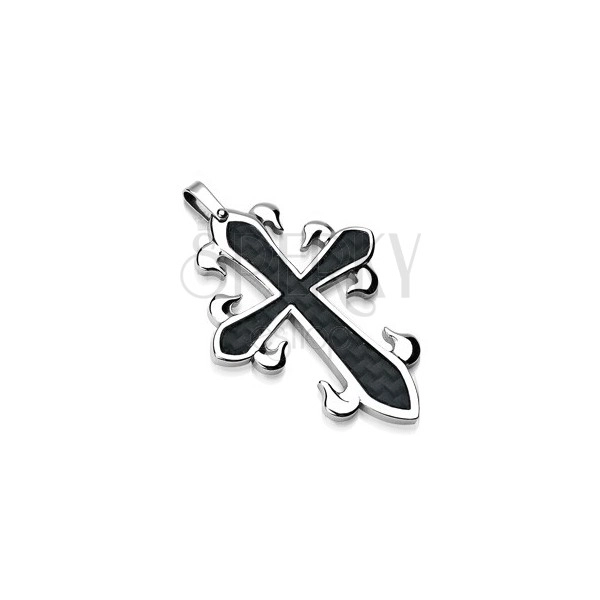 Surgical steel pendant - cross with black fiber pattern