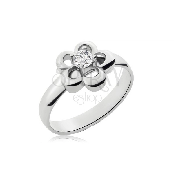 Stainless steel ring in silver colour, flower, clear zircon