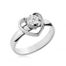 Ring made of surgical steel in silver colour, heart contours, clear zircon