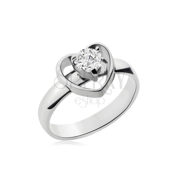 Ring made of surgical steel in silver colour, heart contours, clear zircon
