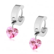 Hinged snap earrings made of surgical steel with pink zircon heart