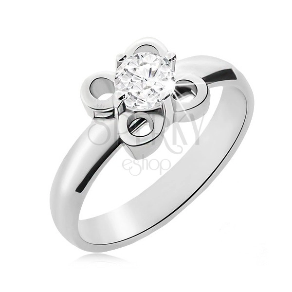 Steel ring in silver colour, flower with clear zircon