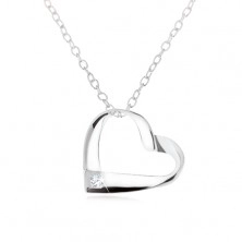 925 silver necklace, strip curled into heart contour, clear zircon