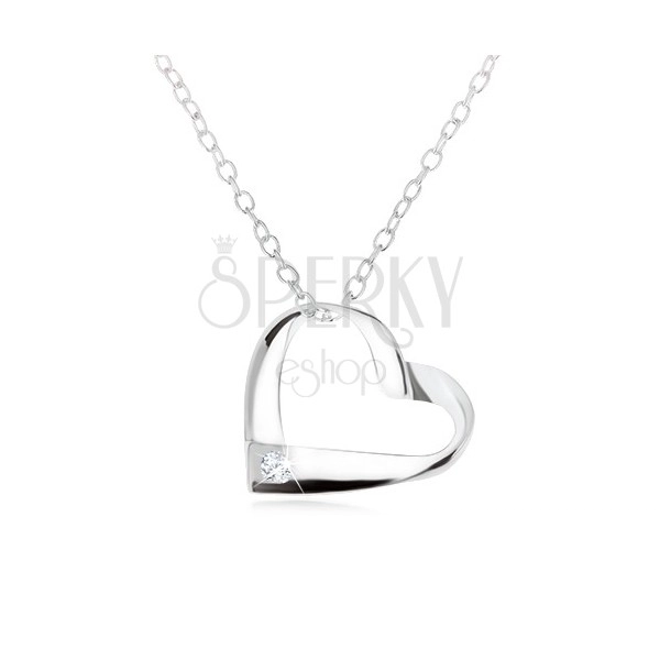 925 silver necklace, strip curled into heart contour, clear zircon