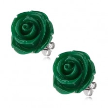 Steel stud earrings, dark green acrylic rose, 20 mm