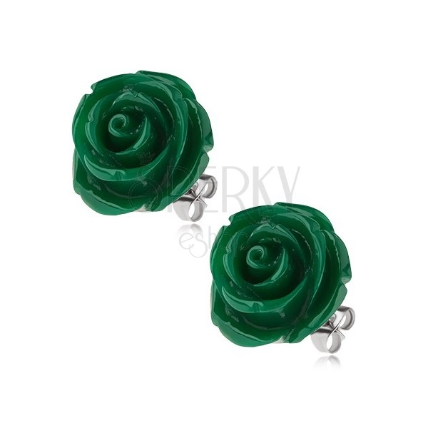 Steel stud earrings, dark green acrylic rose, 20 mm