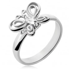 Ring made of surgical steel in silver colour, butterfly, clear zircon