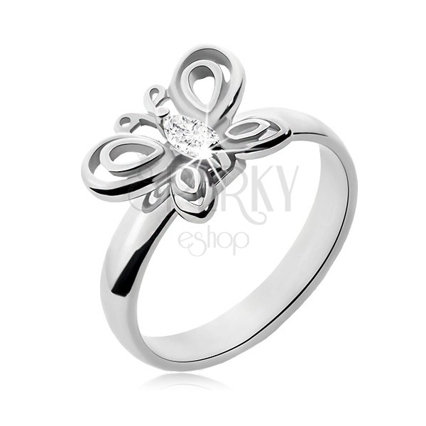Ring made of surgical steel in silver colour, butterfly, clear zircon