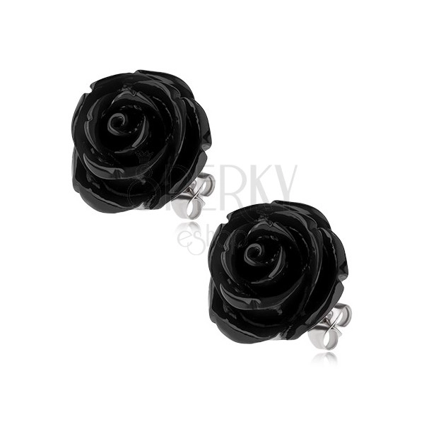 Steel earrings, black resin rose flower, stud closure, 20 mm